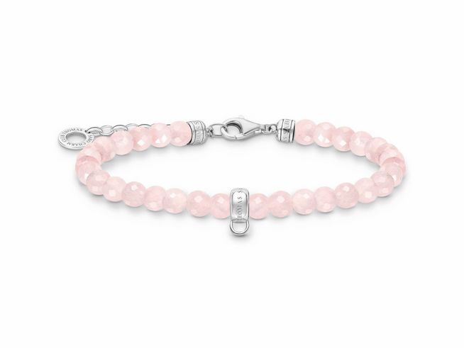 Armband von Thomas Sabo in Silber mit rosafarbenen Rosenquarzperlen, verstellbar von 16 bis 19 cm, sicheres Verschlusssystem, elegantes Design passend zu jedem Outfit.