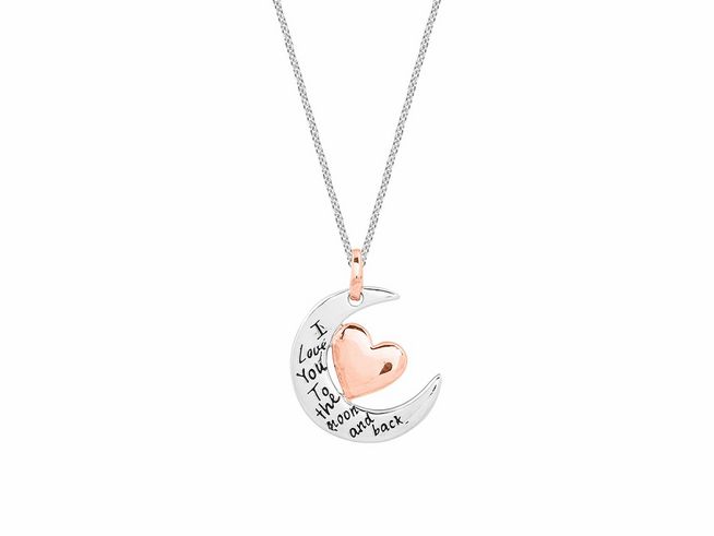 Kette aus Sterling Silber von Xenox, Modell XS3448R, mit einer Ankerkette in Roségold Verg. und einem Anhänger in Halbmondform mit gravierter Botschaft und Herz.