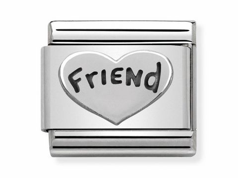 433010118-0 Herz Herzsymbol mit dem Wort Friend in einer oxidierten Ausführung, aus hochwertigem Silber, hergestellt von Nomination SilverShine, ideal als Freundschaftsarmband.