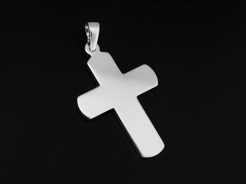 Silber Anhänger in Form eines schlichten Kreuzes aus 925 Sterling Silber, rhodiniert mit abgerundeten Ecken, Größe 2,7 cm, Hersteller Juwelier Harnisch.