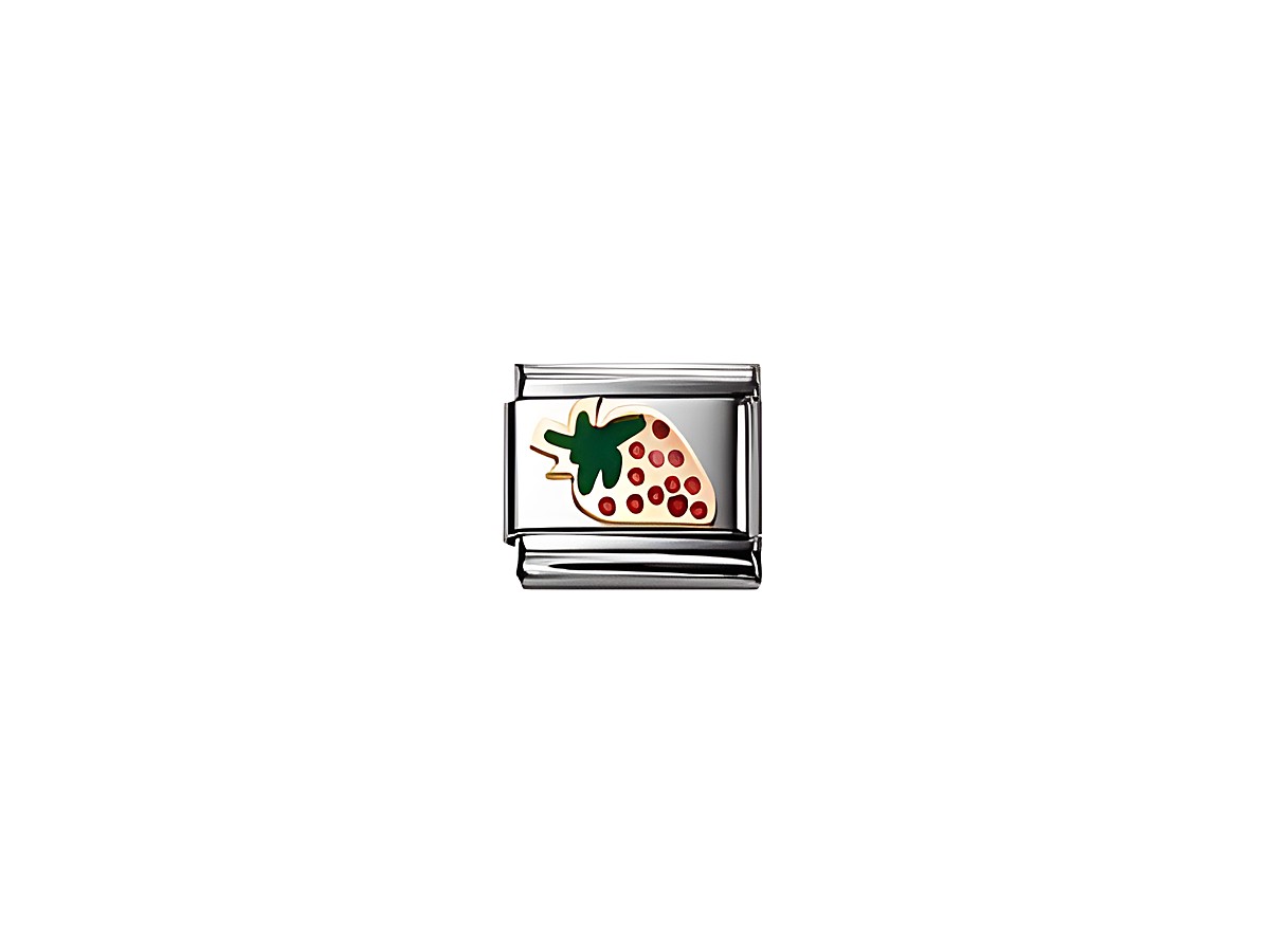 Ein silberner Charm mit einer rotgrünen Erdbeere, gestaltet im klassischen Design von Nomination, ideal für Schmuckliebhaber und passend zu verschiedenen Armbändern.