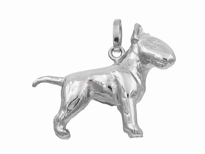 Anhänger Hund Bullterrier aus rhodiniertem Sterling Silber, Hersteller Juwelier Harnisch, detailreiche und stilisierte Darstellung eines Terriers, ideal für Tierliebhaber.