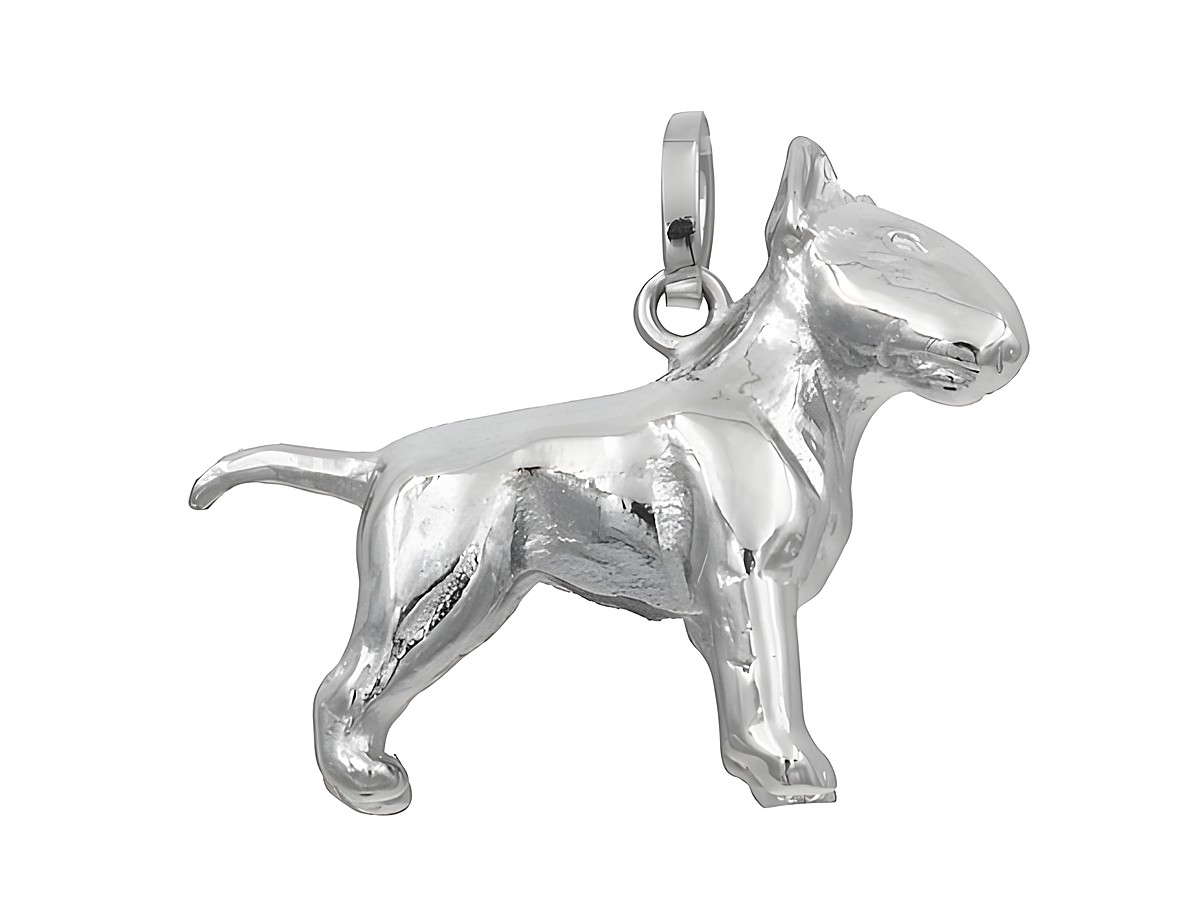 Anhänger Hund Bullterrier aus rhodiniertem Sterling Silber, Hersteller Juwelier Harnisch, detailreiche und stilisierte Darstellung eines Terriers, ideal für Tierliebhaber.