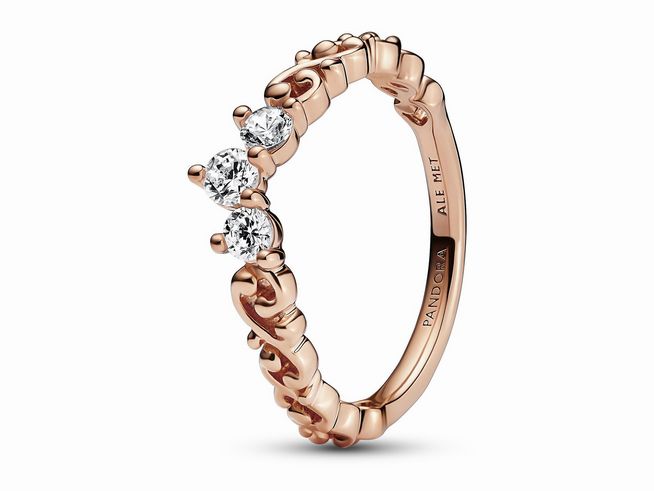 182232058-0 Pandora Diadem-Ring aus 585 Roségoldvergoldung mit klaren Zirkonia, Größe 58, elegantes Design mit drei funkelnden Steinen für besonderen Glanz.