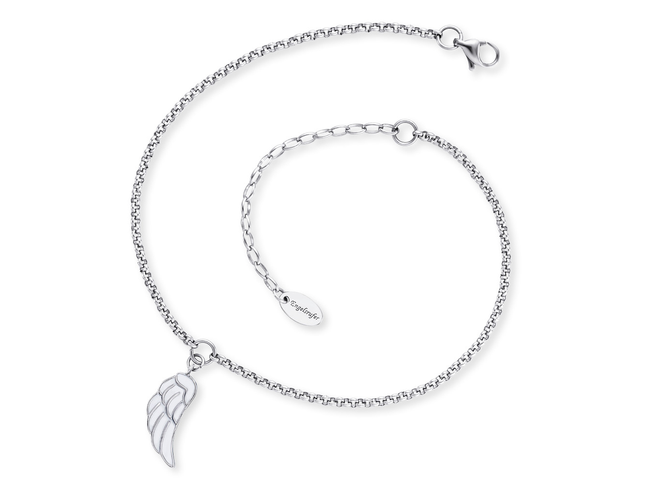 Engelsrufer ERFS-LILWING-PE FUßKETTE Fußkettchen Flügel mit Emaille - Edelstahl & Weiß 22 cm Edelstahl Fußkette von Engelsrufer mit einem weißen Emaille Flügelanhänger, Länge 22 cm, elegant und modern, ideal für jeden Anlass, hochwertiges Design.