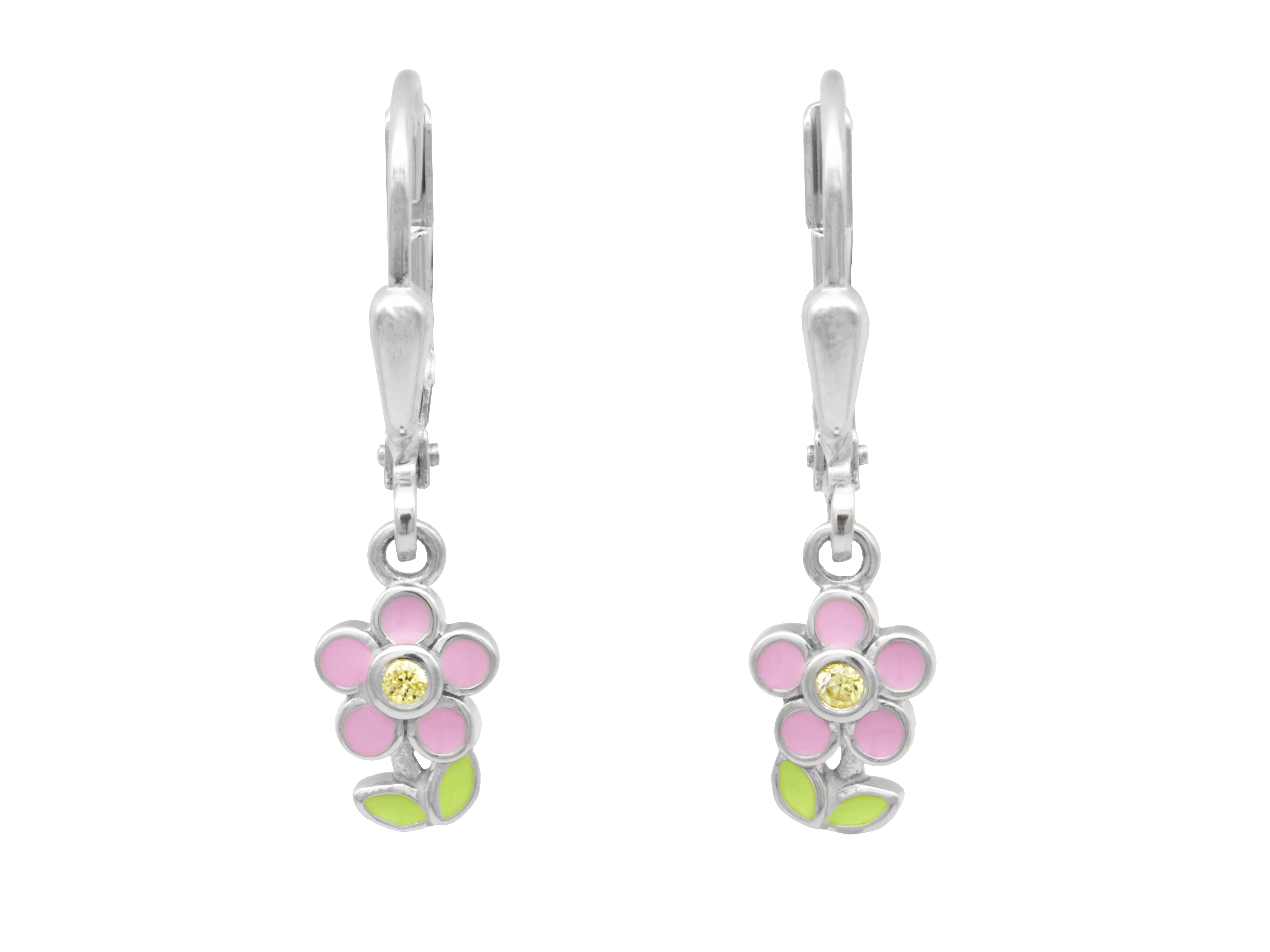 Ohrringe in Form einer bunten Blume aus rhodiniertem Sterling Silber, poliert mit rosa und grünen Lackdetails, ideal für Kinder, hergestellt von Juwelier Harnisch.