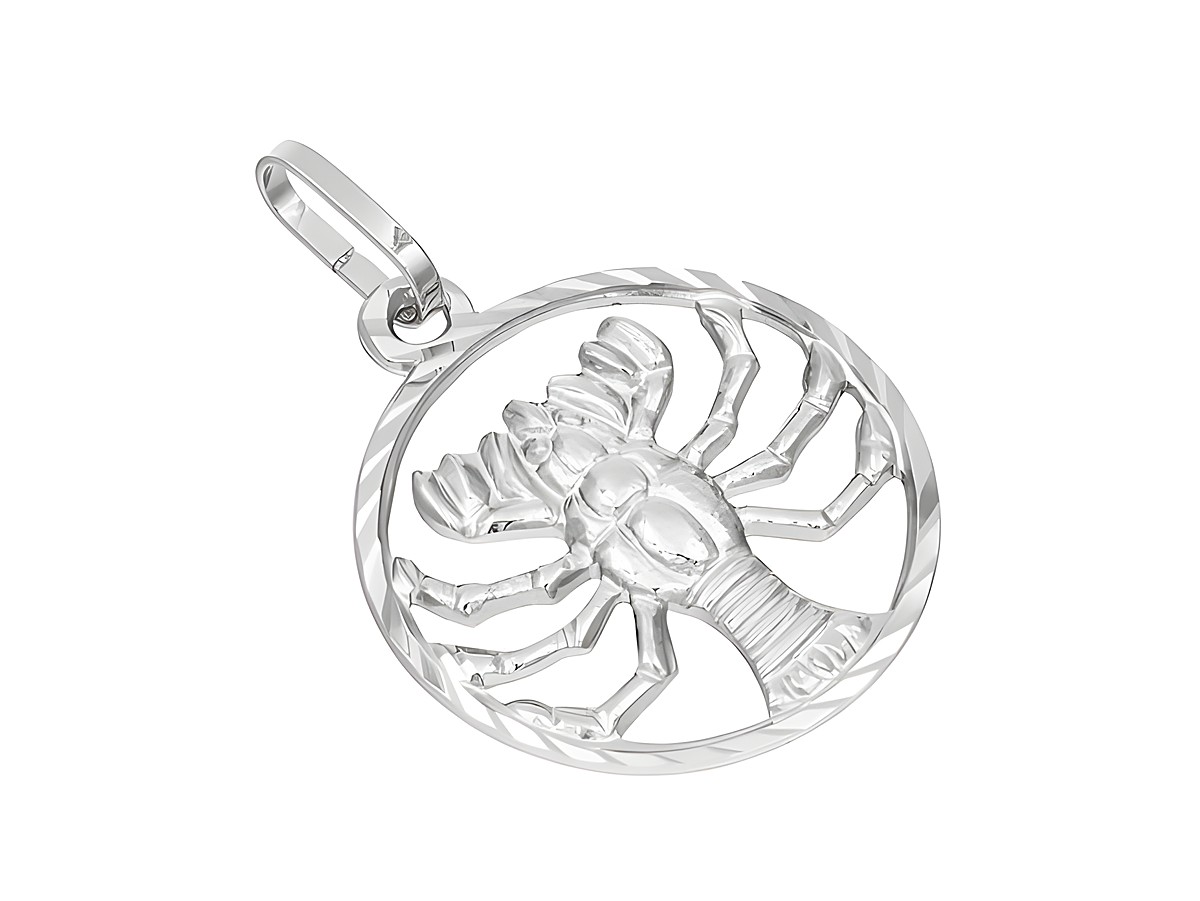 Anhänger Krebs Sternzeichen aus poliertem 585 Weißgold, diamantiert mit feiner Detaildarstellung des Krebses, hergestellt von Juwelier Harnisch, ideal als Geschenk für Krebs-Geborene.