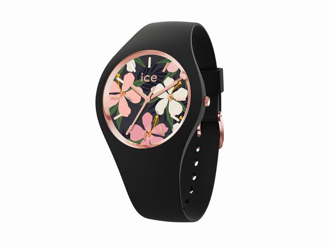 Die Ice Watch ICE flower Rose Small 020510 in Schwarz zeigt ein blumenverziertes Ziffernblatt mit zarten Farben und einem schwarzen Armband, ideal für modische Akzente.