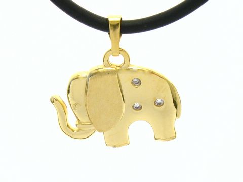 Elefant Glücksbringer aus Gold 585 mit Zirkonia, gefertigt vom Juwelier Harnisch, trägt auf einem schwarzen Halsband.
