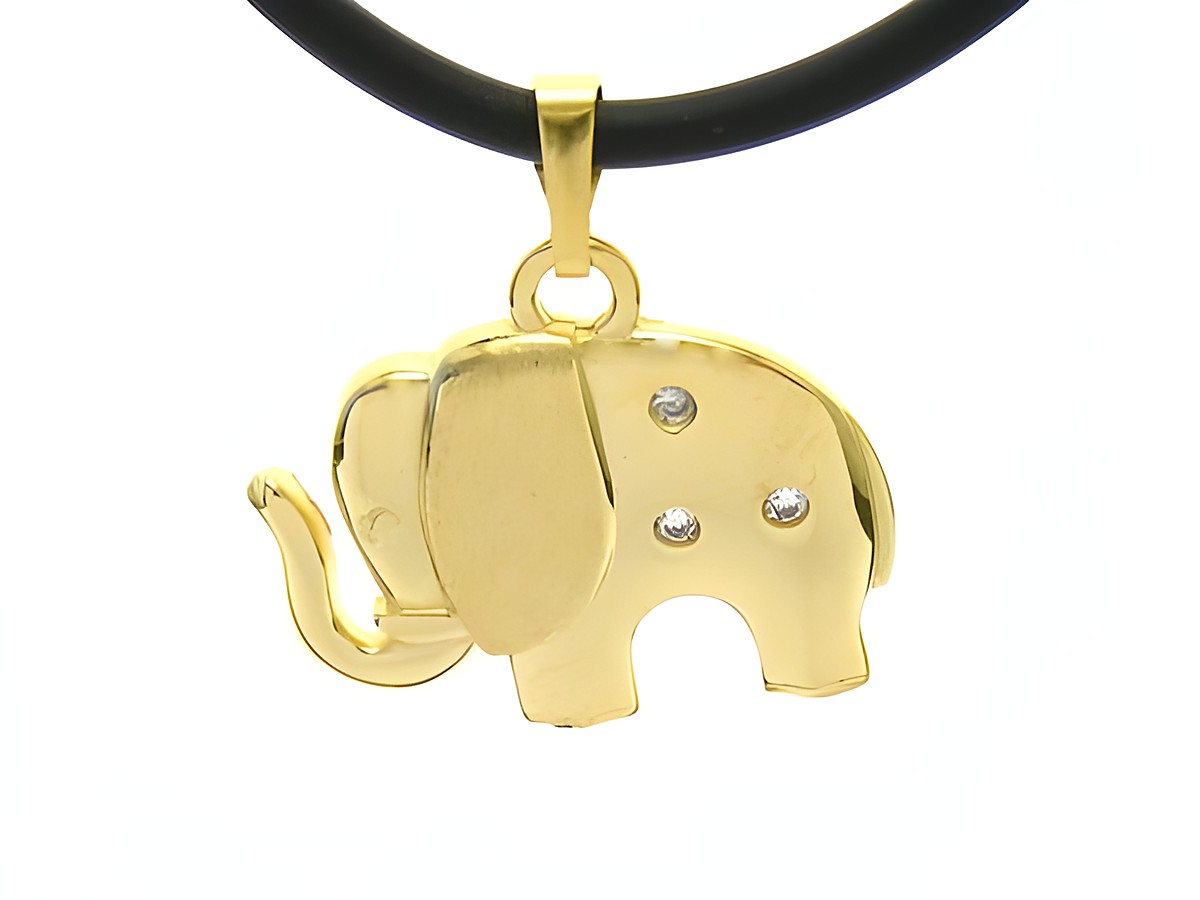Elefant Glücksbringer aus Gold 585 mit Zirkonia, gefertigt vom Juwelier Harnisch, trägt auf einem schwarzen Halsband.