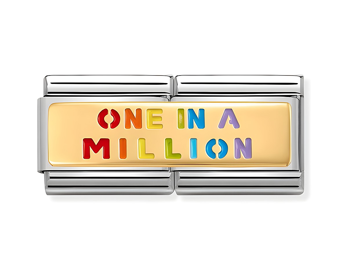 Bunte Emailleplatte mit der Aufschrift One in a Million in verschiedenen Farben, umrahmt von einem klassischen Gelbgold-Rahmen von Nomination, Double Ausführung.