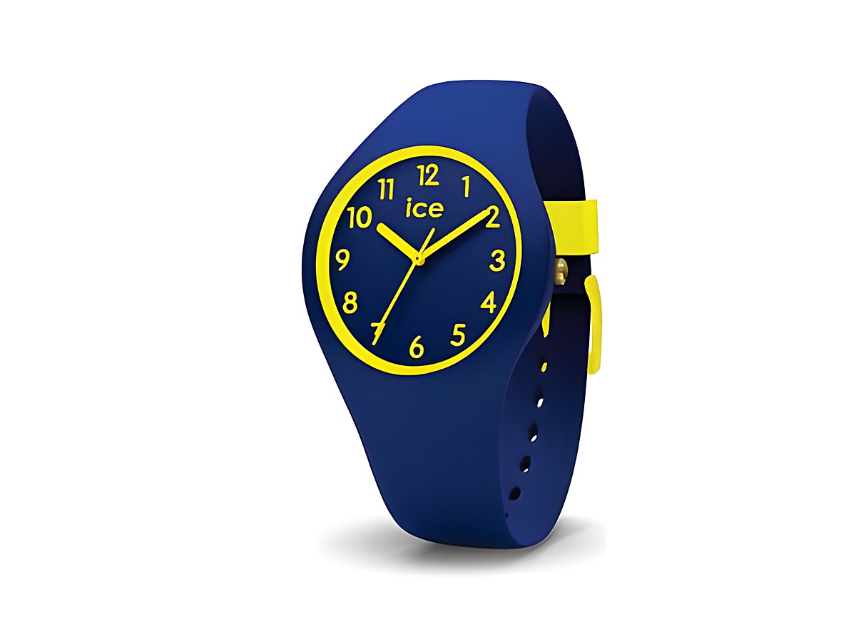 Dunkelblaue Ice-Watch ICE ola kids Rocket Extra Small mit gelben Ziffern und Zeigern, ideal für Kinder, sportliches und modernes Design, strapazierfähiges Silikonarmband, Hersteller Ice watch.