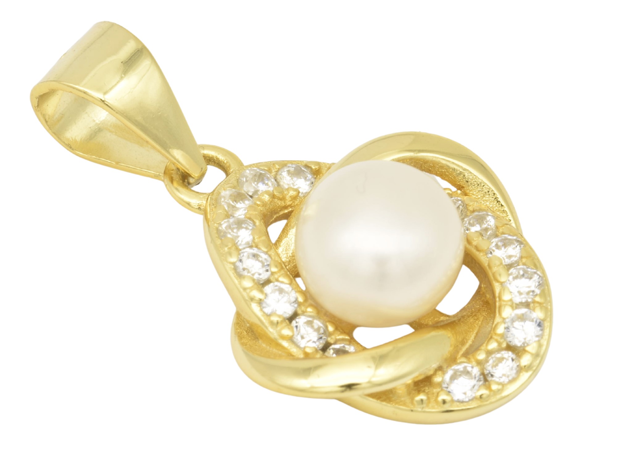 Anhänger Knoten Perle - Sterling Silber 925 - Gelbgold Vergoldung - Zirkonia + Süßwasser Zuchtperle Weiß