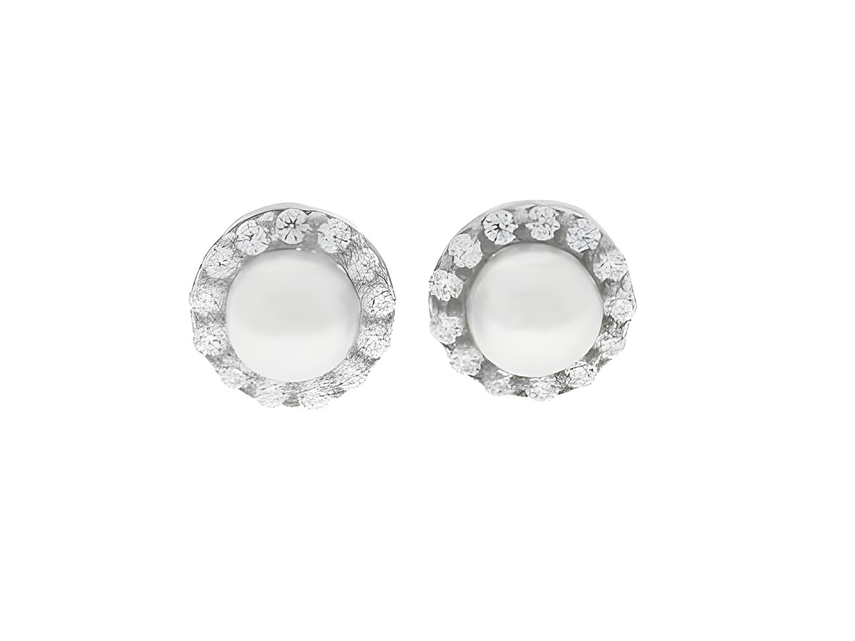 Ohrringe Stecker rund silber rhodiniert zeitlos mit Perlenbesatz und funkelndem Zirkonia, Hersteller Juwelier Harnisch, ideal für eleganten und stilvollen Schmuck.