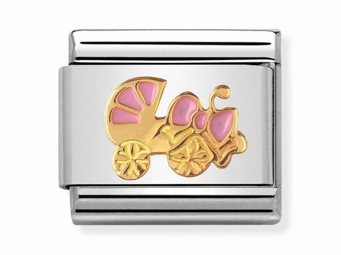 Rosa Kinderwagen als Charm mit goldenen und pinken Details, emailliert, für das Daily Life von Nomination, Modell Composable Classic, Hersteller: Nomination, Artikelnummer 030242 45.