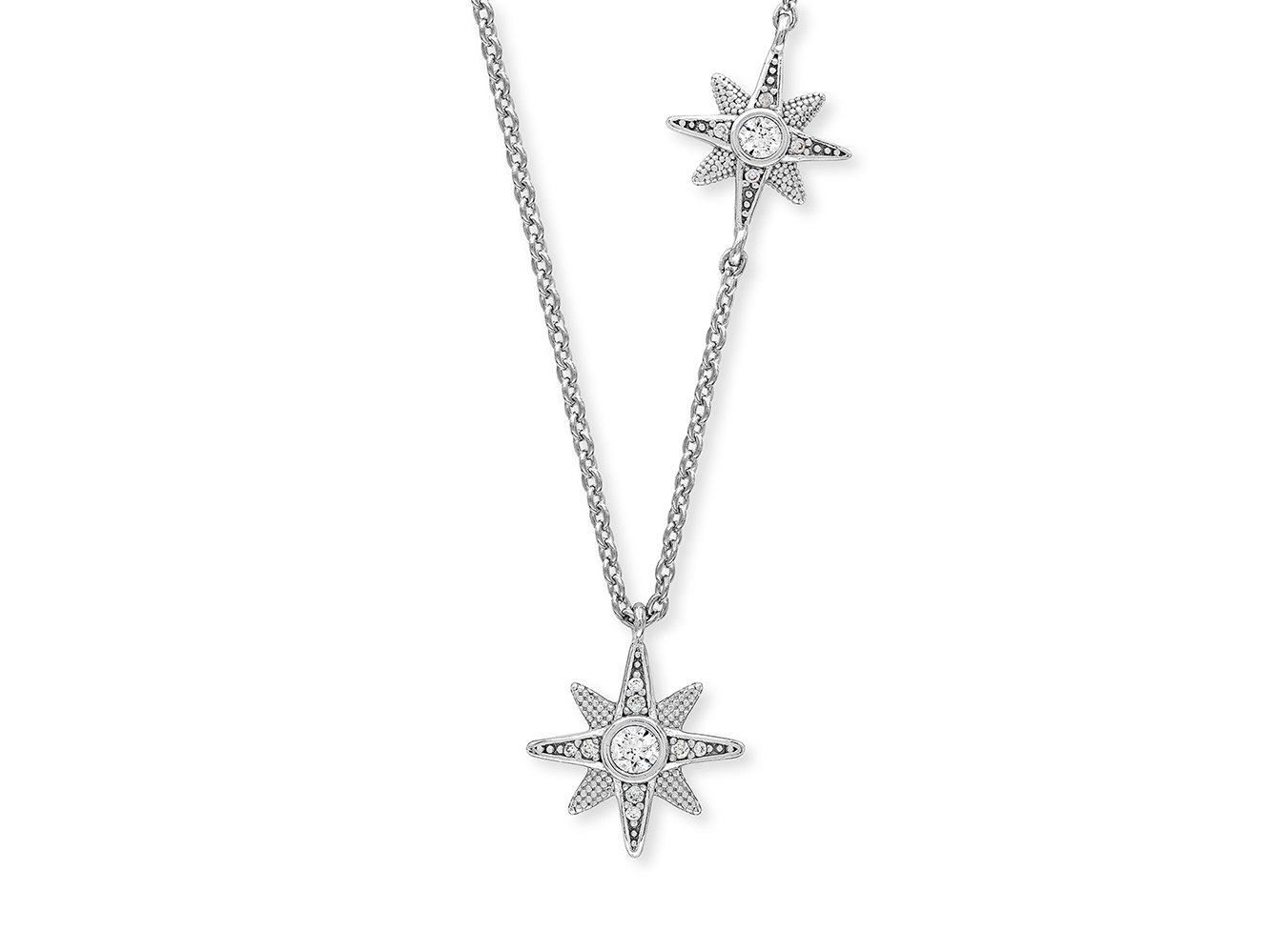 Silberne Kette mit zwei funkelnden Zirkonia-Anhängern in Form von Sternen, rhodiniert, 40 cm lang, aus der Engelsrufer New Star Kollektion.
