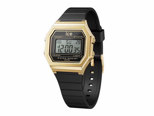 Die Ice Watch Uhr 022064 ICE digit retro Black Gold Small zeigt ein digitales Ziffernblatt mit goldfarbenem Gehäuse und schwarzem Silikonarmband. Wasserdicht bis 30 Meter.