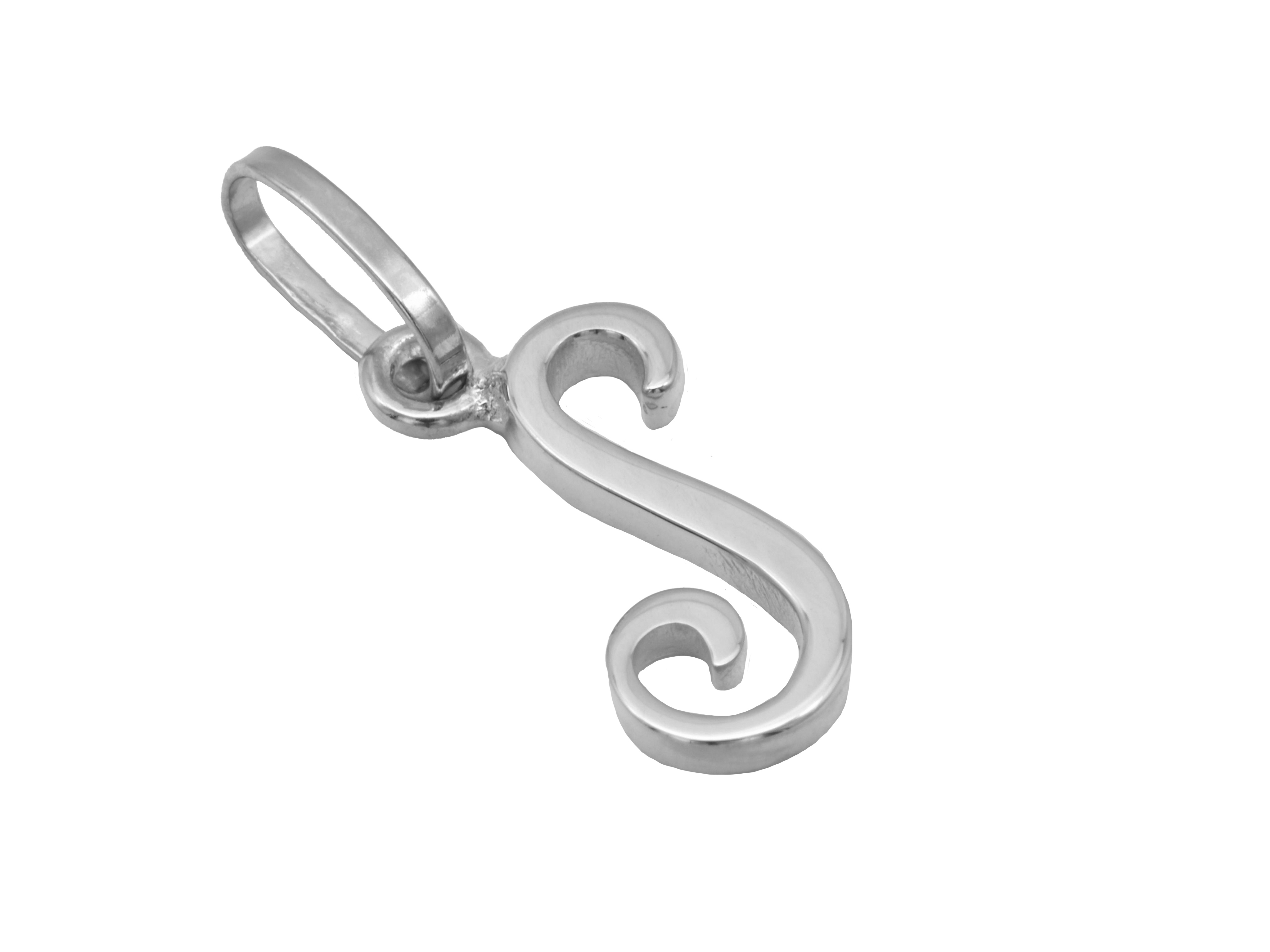 Buchstaben Anhänger S aus Sterling Silber, rhodiniert und poliert, von Juwelier Harnisch, filigranes Design mit geschwungenen Linien. Ideal für individuelle Schmuckstücke.
