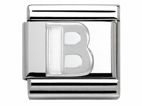Ein silberner Buchstabe B aus Emaille von Nomination Classic SilverShine, modell 330205 02, mit einem glänzenden Finish und einem eleganten Design, ideal für Charm-Armbänder.