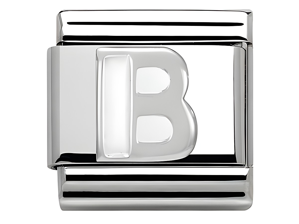 Ein silberner Buchstabe B aus Emaille von Nomination Classic SilverShine, modell 330205 02, mit einem glänzenden Finish und einem eleganten Design, ideal für Charm-Armbänder.