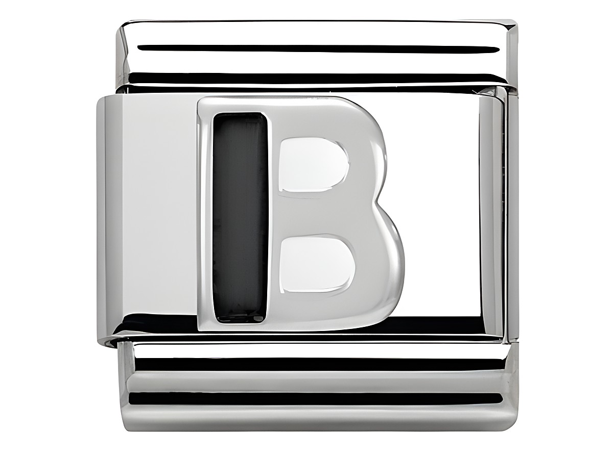 Ein silberner Buchstabe B aus Emaille von Nomination Classic SilverShine mit einer glatten, glänzenden Oberfläche und dekorativem Design, geeignet für Armbänder.