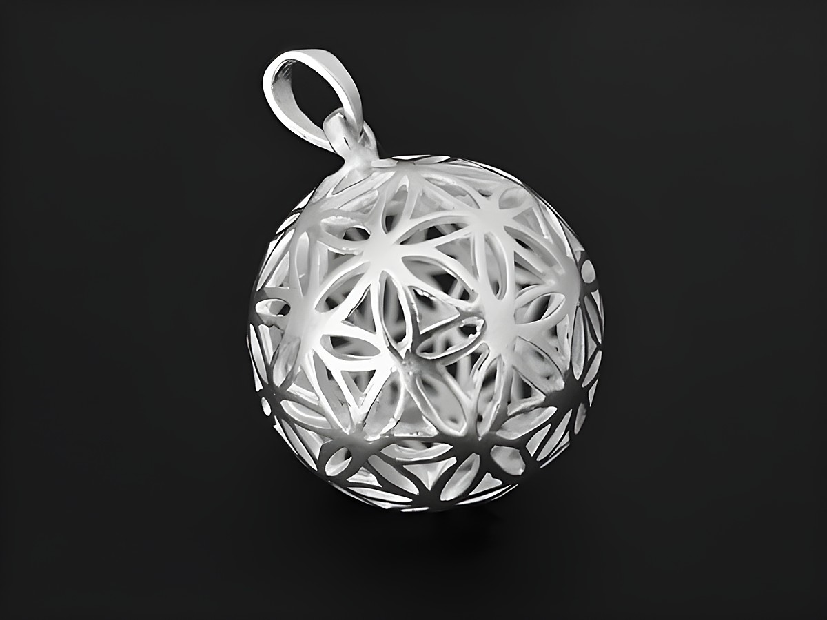 Silber Anhänger in Kugelform mit Blumen Muster, Hersteller Juwelier Harnisch, perfekt für stilvolle Schmuckstück-Kombinationen.