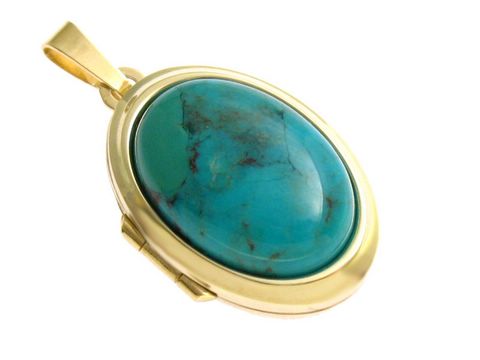 Türkis Cabochon Medaillon aus Gold 750, ovaler türkisfarbener Stein in goldener Fassung, hergestellt von Juwelier Harnisch.