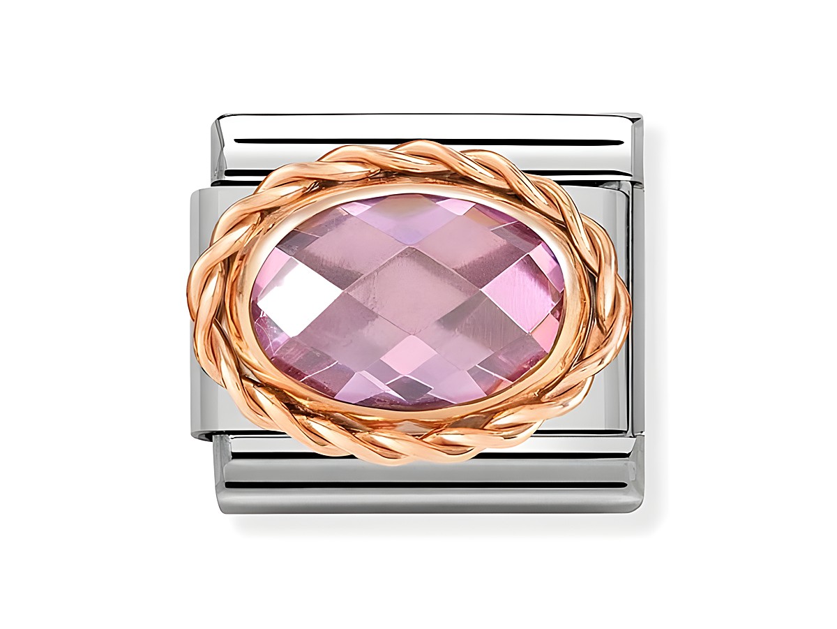 Edelstahl- und Roségold-Charm von Nomination mit einem ovalen Zirkonia in Rosa, umgeben von einem geflochtenen Roségold-Rahmen, ideal für individuelle Armbänder.