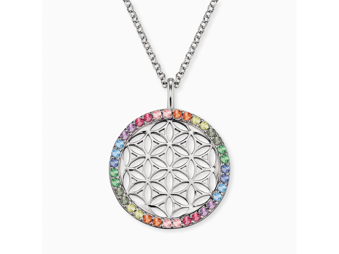 Engelsrufer ERN-LILLIFL-ZIM LEBENSBLUME Halskette mit Anhänger Zirkonia Multicolor - Silber rhod. 21 mm 45cm Engelsrufer Lebensblume Halskette mit rhodiniertem Silberanhänger, Durchmesser 21 mm, besetzt mit bunten Zirkonia-Steinen in verschiedenen Farben, Kette 45 cm lang.