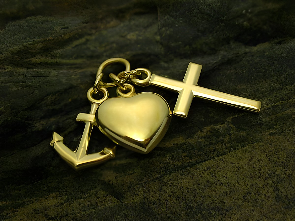Glaube Liebe Hoffnung Gold Anhänger poliert mit Anker, Herz und Kreuz, Hersteller Juwelier Harnisch, symbolträchtiges Schmuckstück für persönliche Ausdrucksformen.