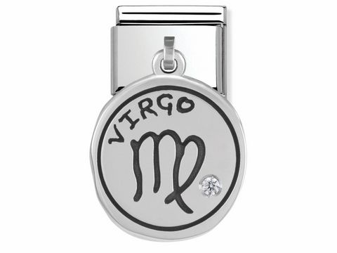 Sternzeichen Anhänger Jungfrau von Nomination in Silber mit der Gravur Virgo und einem kleinen Stein. Ideal für die Darstellung des Sternzeichens und Monatssteins.