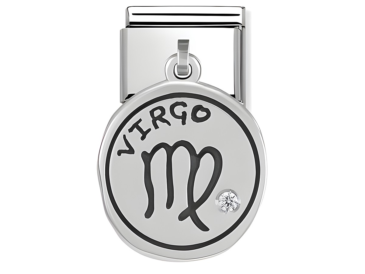 Sternzeichen Anhänger Jungfrau von Nomination in Silber mit der Gravur Virgo und einem kleinen Stein. Ideal für die Darstellung des Sternzeichens und Monatssteins.