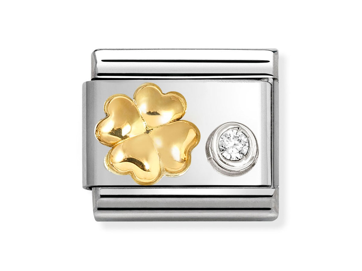 Ein Schmuckelement aus 585er Gelbgold und Sterling Silber mit einem Glücksklee-Motiv und einem weißen Zirkonia. Ideal für individuelles Armbanddesign. Neuheit von Nomination.