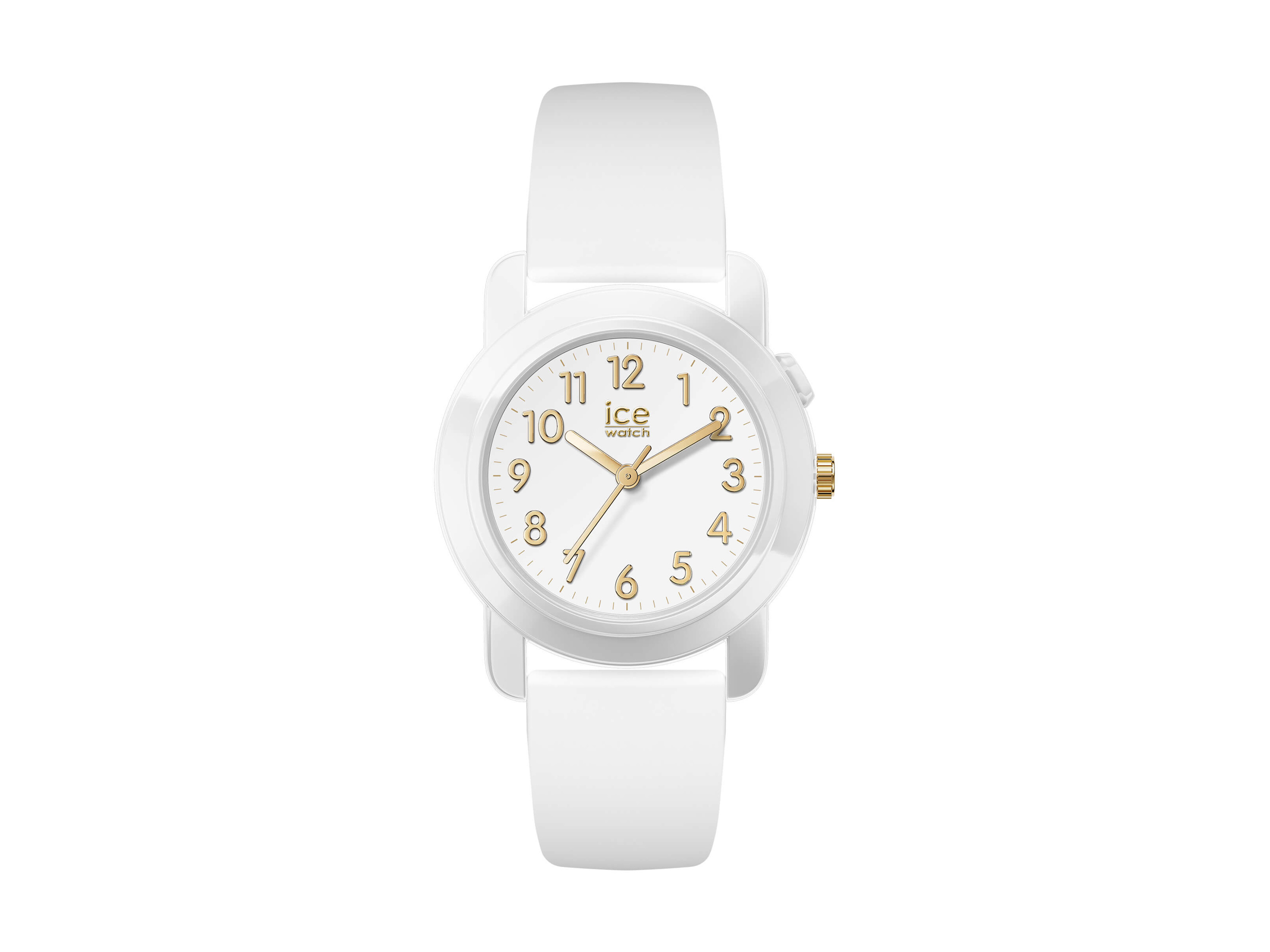 Elegante Ice Watch 024916 ICE find me tracking in Weiß und Weißgold, mit einem klaren Ziffernblatt und goldenen Akzenten, ideal für modebewusste Träger in kleiner Größe.