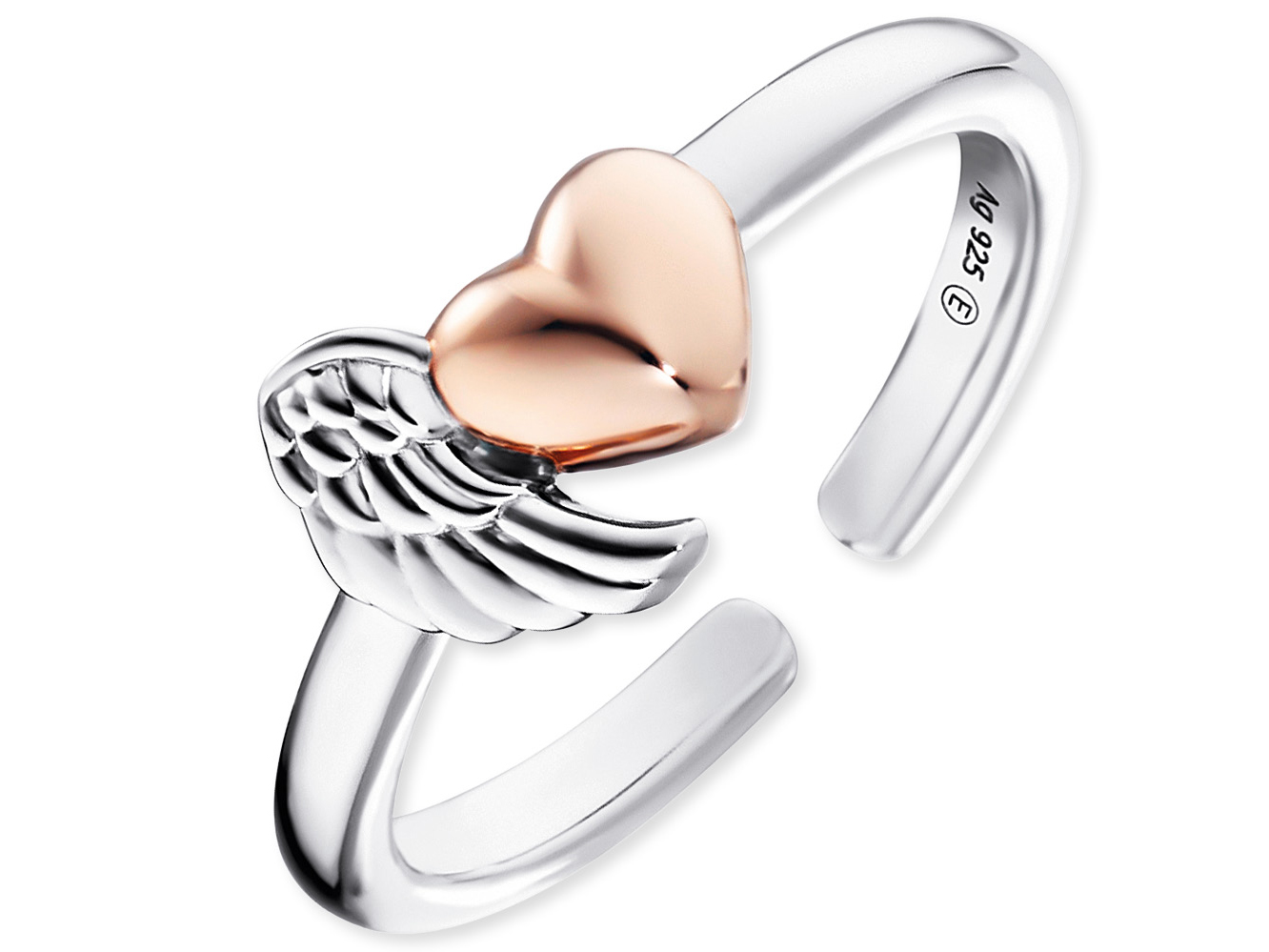 Engelsrufer ERR-WINGHEART-BICOR HEART Ring mit Flügeln und Herz in Bicolor-Design. Roségold vergoldet auf Silber, elegantes und modernes Schmuckstück für besondere Anlässe.