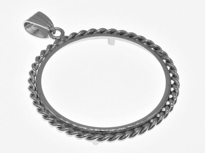 Münzfassung Anhänger aus 925 Sterling Silber, rhodiniert, mit einer maximalen Münzengröße von 33,2 mm Durchmesser und Kordel-Design für Münzen bis 3,5 cm. Hersteller Juwelier Harnisch.