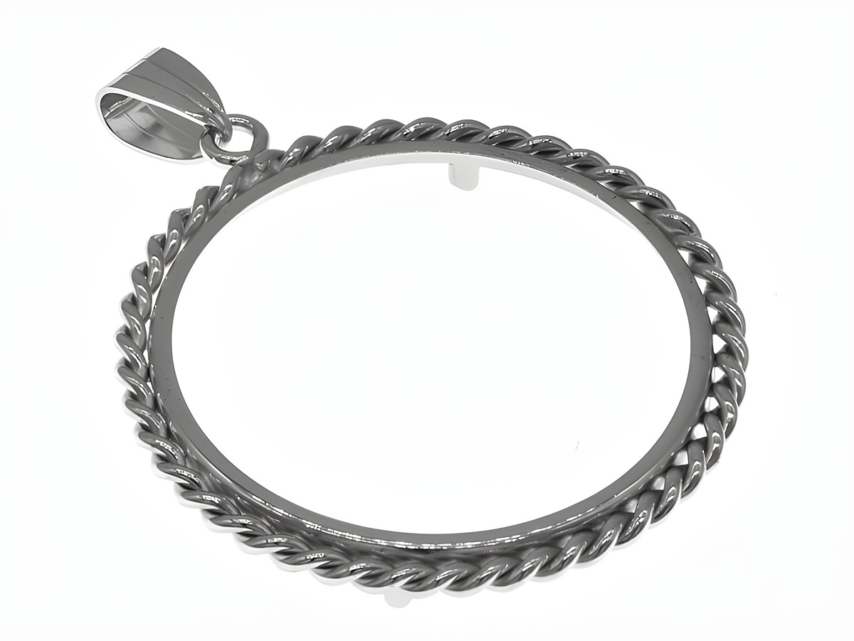 Münzfassung Anhänger aus 925 Sterling Silber, rhodiniert, mit einer maximalen Münzengröße von 33,2 mm Durchmesser und Kordel-Design für Münzen bis 3,5 cm. Hersteller Juwelier Harnisch.
