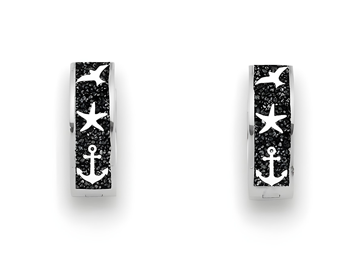 DUR Maritim O5425 Sterling Silber Ohrringe rhodiniert mit Lavasand, verziert mit maritimen Motiven wie Anker und Seesternen in Kontrast zu schwarzem Sand.