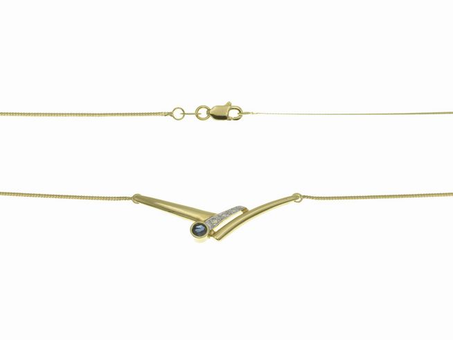Collierkette mit Mittelteil aus 585 Gelbgold und Weißgold, verziert mit einem Diamanten und einem Saphir, Länge 42 cm, gefertigt von Juwelier Harnisch.