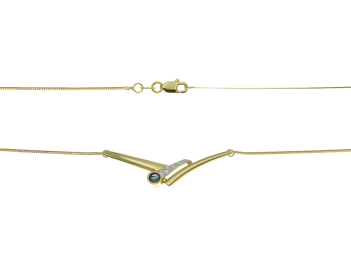 Collierkette mit Mittelteil aus 585 Gelbgold und Weißgold, verziert mit einem Diamanten und einem Saphir, Länge 42 cm, gefertigt von Juwelier Harnisch.