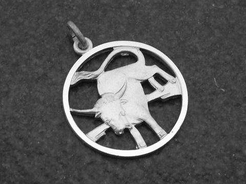 31406-0 Runder Silber Anhänger mit dem Sternzeichen Stier, dargestellt durch einen stilisierten Stier in einem Kreis, hergestellt von Juwelier Harnisch. Ideal als Geschenk für Stier-Geborene.