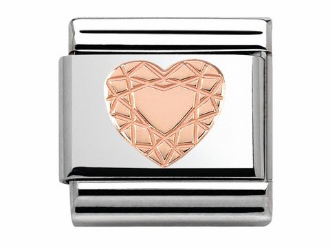 Classic Roségold Charm von Nomination mit einem diamantierten Herzdesign in Roségold, umrahmt von glänzendem Edelstahl. Elegant und zeitlos für individuelles Styling.