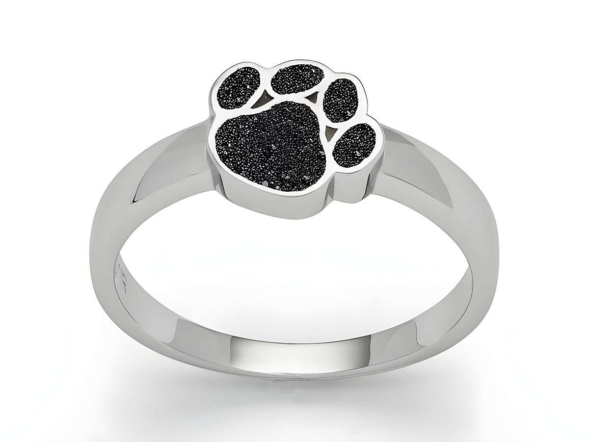 DUR Lavasand Ring Pfote R5610.60 in Sterling Silber Größe 60 zeigt einen eleganten Ring mit einer Pfotenabdruck-Optik in schwarzem Lavasand auf glänzendem Silber.