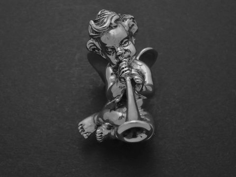 Silber Figur - Engel sitzend mit Posaune - hochwertig gearbeitet, Hersteller: Juwelier Harnisch, Echtsilber Figuren, detailreiche Darstellung eines Engels mit Trompete in feinster Ausarbeitung.