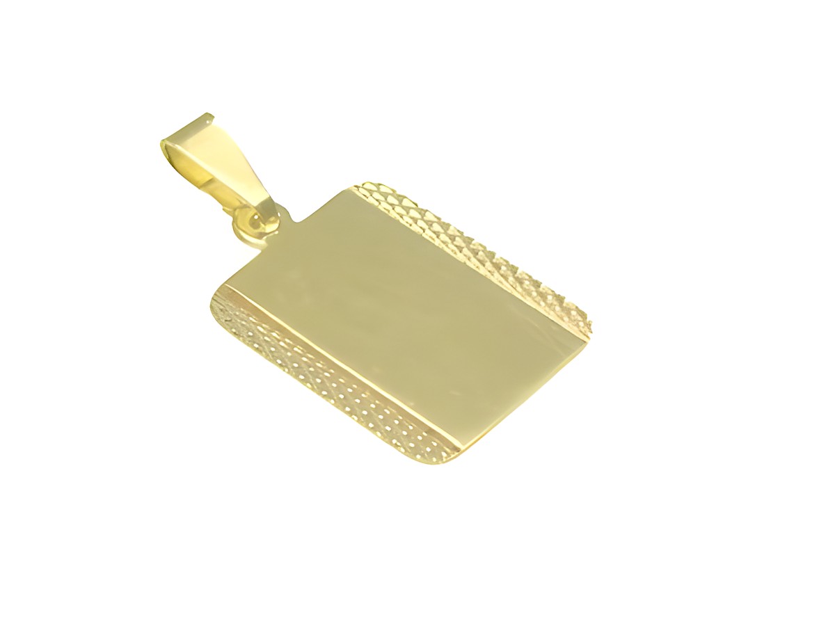Eine goldene Gravurplatte mit den Maßen 19 x 12 mm, verziert mit einem Muster am Rand, gefertigt aus Gold 333, ideal für individuelle Gravuren, Hersteller Juwelier Harnisch.