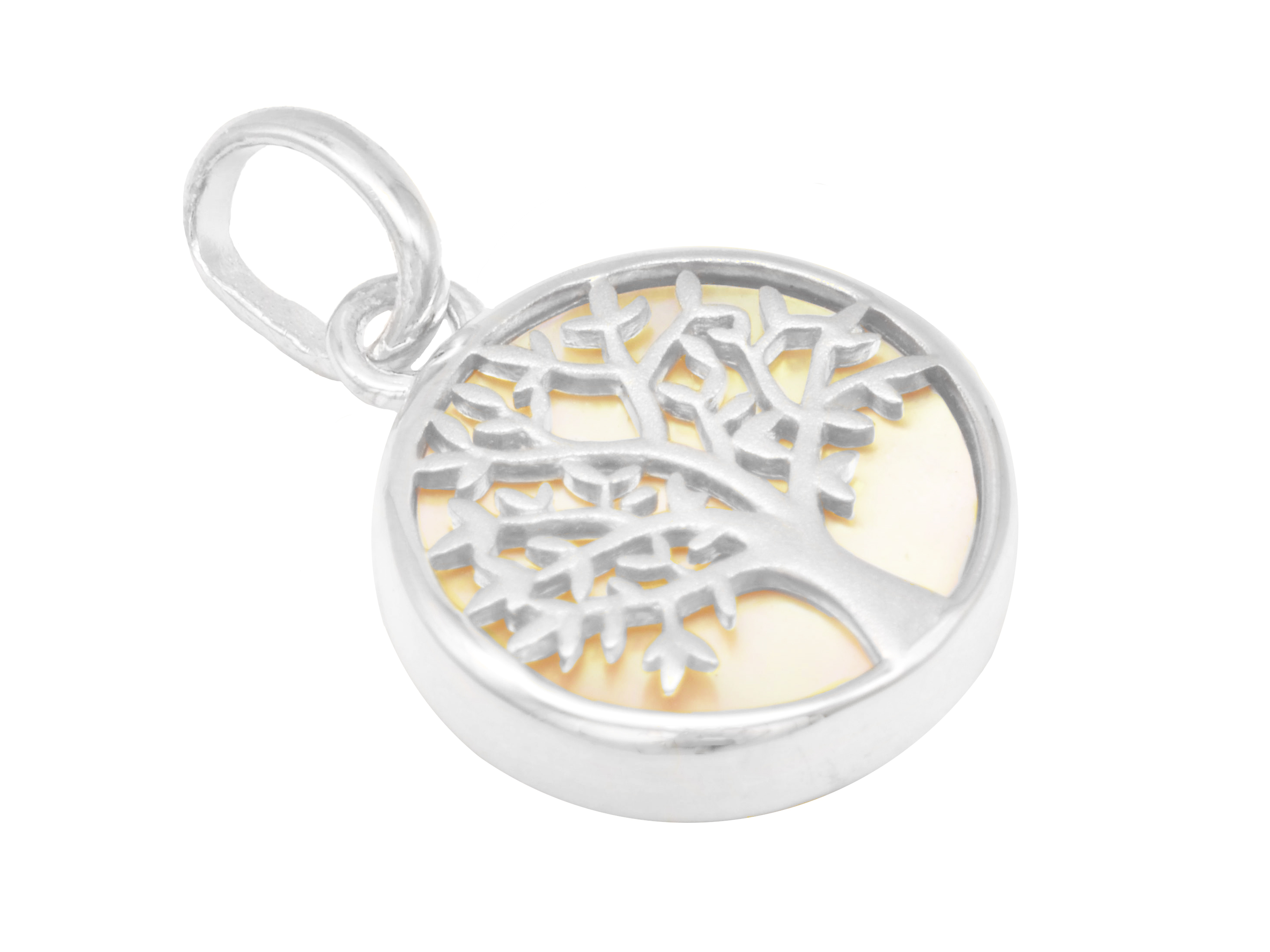 Lebensbaum Anhänger aus sterling Silber rhodiniert und poliert mit perlmuttfarbenem weiß-rosa Hintergrund, filigranes Baumdesign, idealer Schmuck für Pflanzenliebhaber.