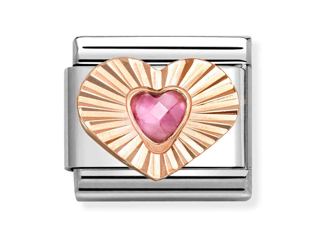 Ein charm in Classic Roségold in Herzform mit rosa Stein und strahlendem Design, ideal für Schmuckliebhaber. Der Artikel stammt von Pandora und gehört zu den Neuheiten.