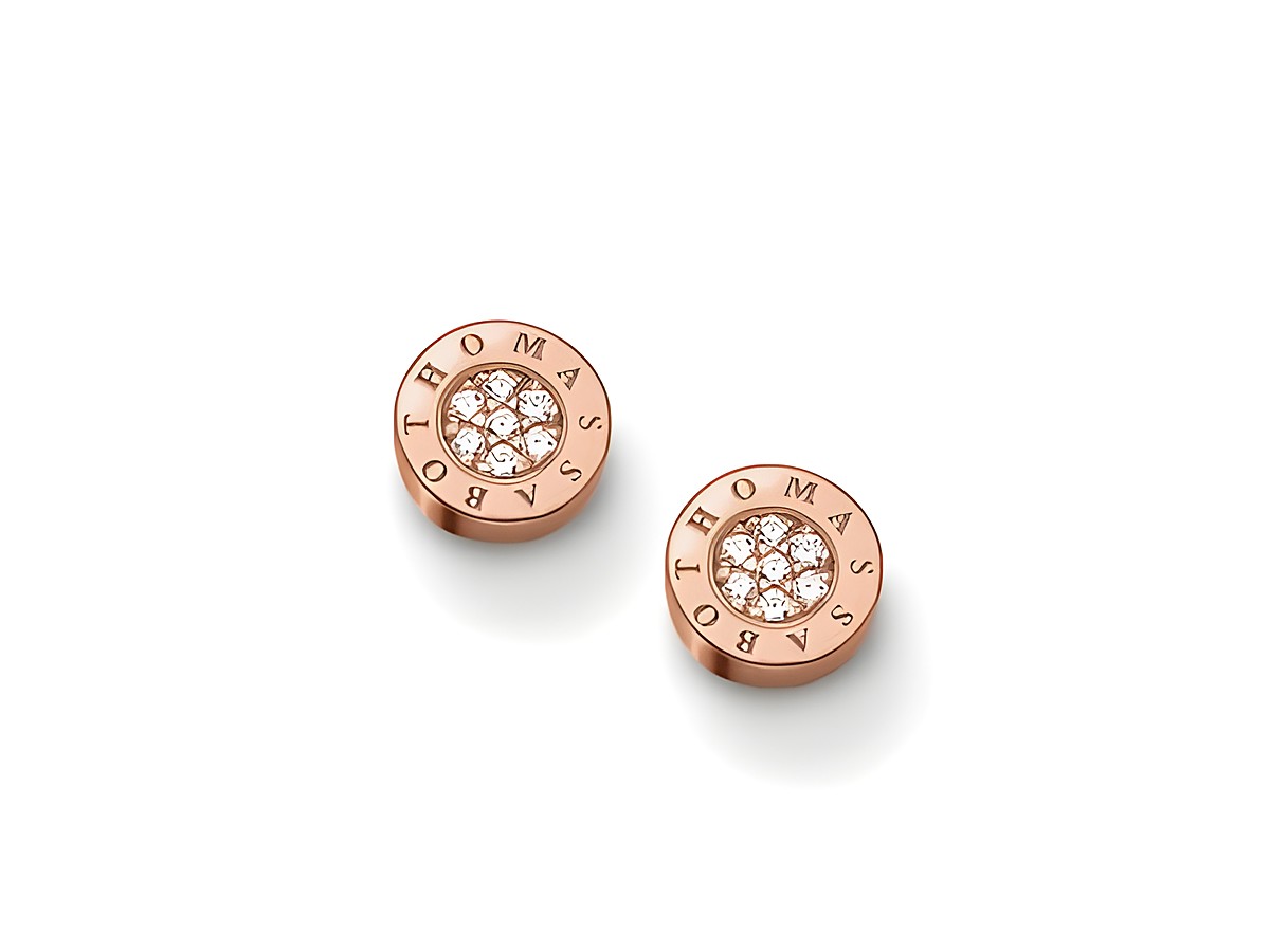 Ohrstecker von Thomas Sabo in Silber und vergoldetem Roségold mit Zirkonia, Modell H1820-416-14, runde Form mit eingearbeitetem Schriftzug und funkelnden Steinen.