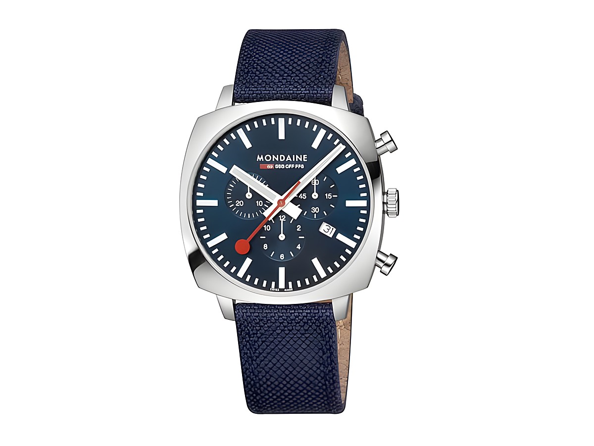 Mondaine Cushion MSL.41440.LD.SET 41 mm Armbanduhr mit blauem Ziffernblatt, silbernem Gehäuse und dunkelblauem strapazierfähigem Textilarmband. Chronographenfunktion und Datumsanzeige.