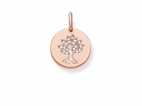 Der Anhänger aus Silber vergoldet in Roségold zeigt einen Baum mit Zirkonia-Steinen auf einer runden, glatten Fläche und eignet sich ideal für persönliche Gravuren.